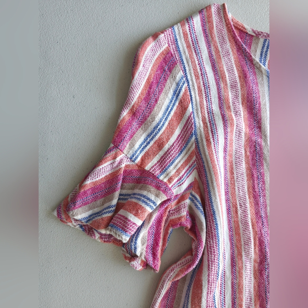 For Cynthia Rainbow Striped Ruffle Sleeve Blouse - Boho Coastal Summer Top - Picture 9 of 9